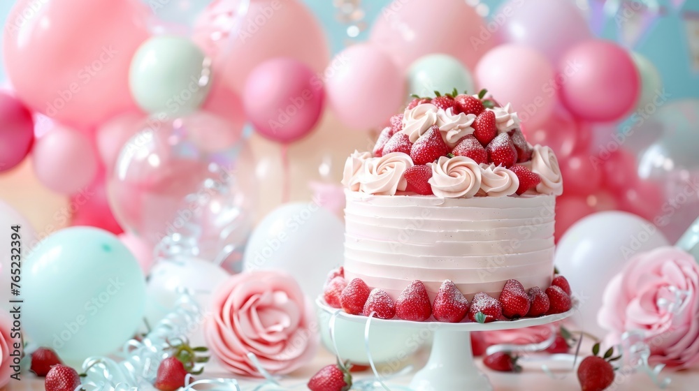 Experience the magic: whimsical birthday delight featuring strawberry-infused cake and pastel decor