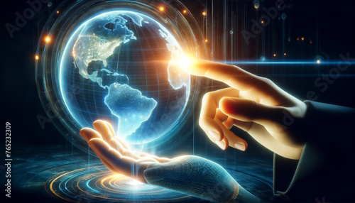 A holographic globe floats above a hand, symbolizing global connectivity and technological advancement in a digitally connected world