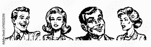 Smiling women and men speak in a bold pixel art Pop Art style. Simple icon set for avatars, education.