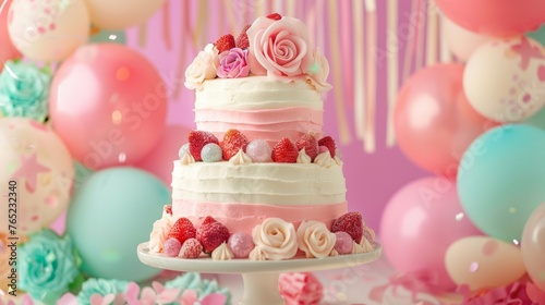 Whimsical Birthday Delight Strawberry-infused Cake and Pastel Decor