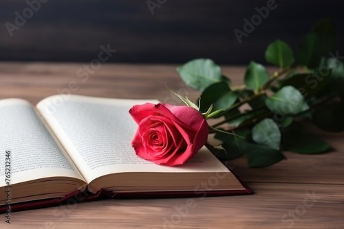 A red rose lies across an open book on a rustic wooden surface, suggesting a romantic story. Open Book with a Red Rose on Wooden Table
