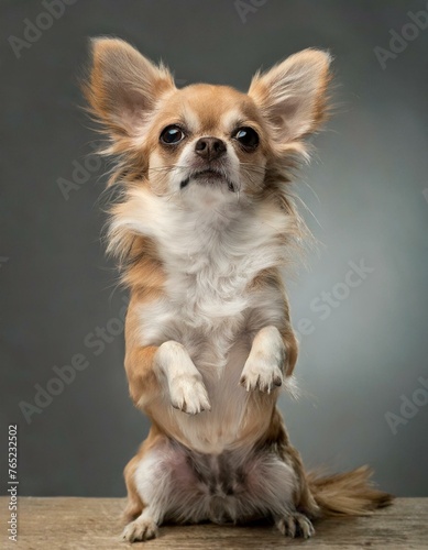 Chihuahua dog - Canis lupus familiaris - a small toy breed of domestic animal long hair isolated on white background sitting up begging and looking at camera © Chase D’Animulls