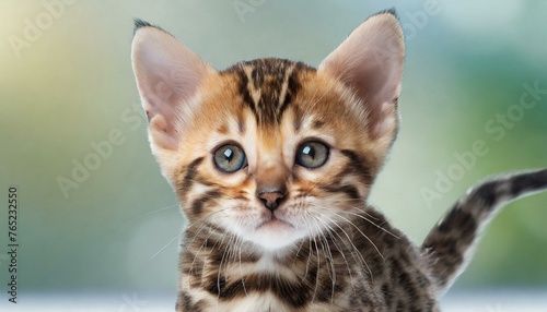 Portrait of domestic bengal kitten - almost 1 month old. Cute young cat standing and looking at camera. Curious young striped kitty with round rosettes blurred forest background