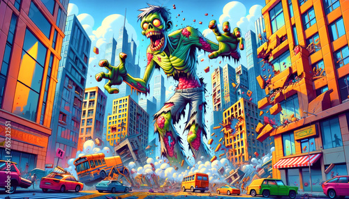 Giant Zombie Rampage in Colorful City