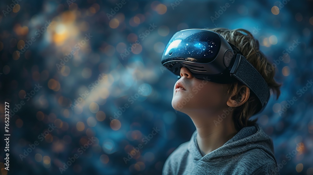 A young boy wearing a virtual reality headset is looking up at the sky. Concept of wonder and excitement as the boy explores the virtual world