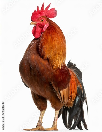 young brown Rhode Island Red hen chicken rooster portrait with long comb and wattles side profile view, isolated on white background full body including feet photo