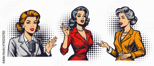 A confident woman speaks. Illustration in a bold Pop Art style. Perfect for education, coaching, business, themes.