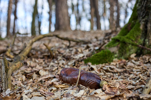 An empty dirty plastic bottle lies on dry leaves in the forest. The ecological problem is a forest with plastic waste. Waste collection and recycling concept.