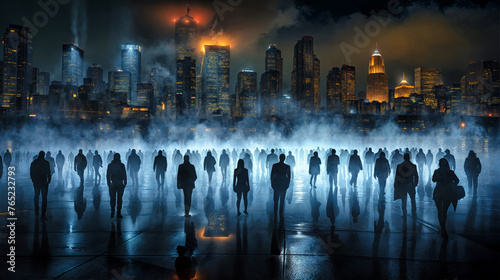 commuters walking to the big city at night, silhouettes, backlight, mystical fog