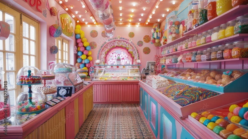 Sweet Dreams Interior of Candy Shop with Array of Different Sweets, Childhood Joy and Sugary Indulgence in Whimsical Decor and Vibrant Colors
