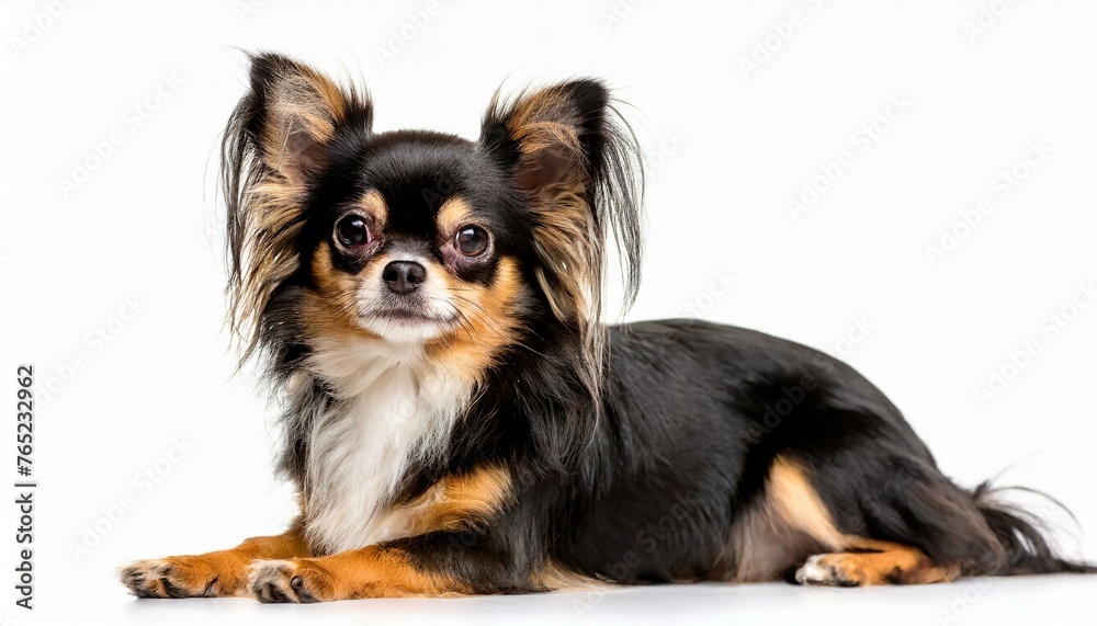 Chihuahua dog - Canis lupus familiaris - a small toy breed of domestic animal long hair isolated on white background laying down looking at camera