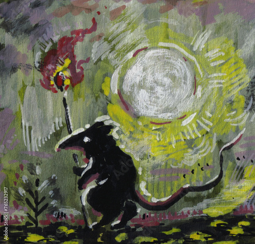 Mouse with fire. Sketchbook traditional art, created by human. Can be used as background or cover, clothes design, or other. Gothic art, magical sketch. Wall design, desktop design.