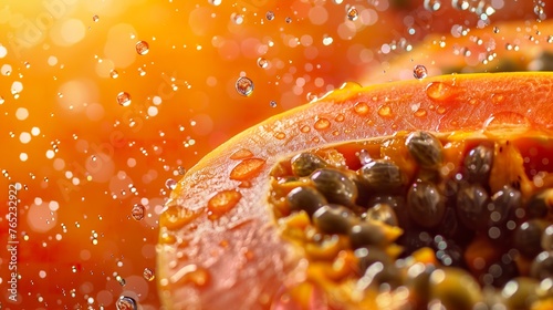 A ripe papaya glistening with moisture with dew and water droplets in the air. Fresh and juicy ripe papaya with shiny skin reflects water drops. Papaya in the fullness of nature. photo