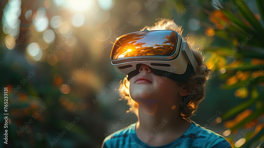 A young boy wearing a virtual reality headset is looking up at the sky. Concept of wonder and excitement as the boy explores the virtual world A young boy wearing a virtual reality headset is looking up at the sky. Concept of wonder and excitement as the boy explores the virtual world