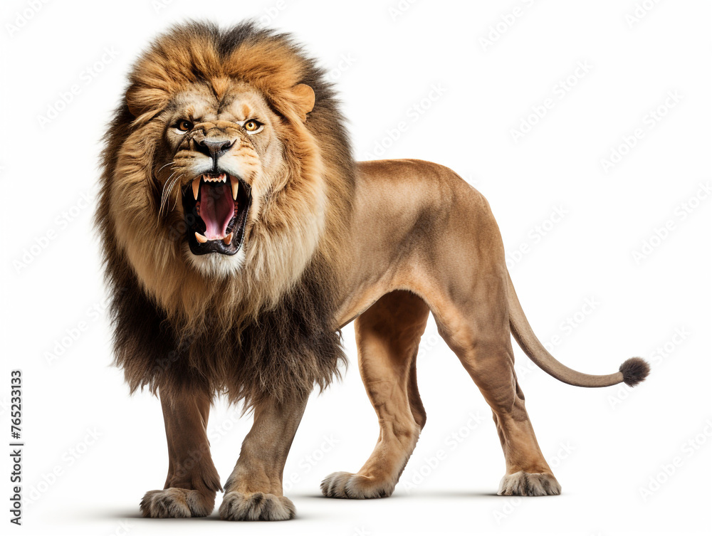 Obraz premium A majestic lion roaring isolated on white background cutout сreated with Generative Ai