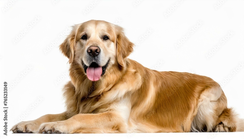 Golden Retriever dog - Canis lupus familiaris - great popular family domestic animal good with children isolated on white background tongue out while panting, laying and looking towards camera