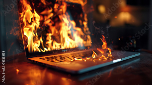 Burning laptop captures attention with depth of field.