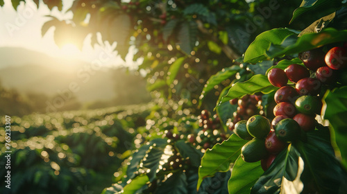 Coffee beans grow abundantly in the plantation. photo