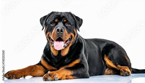 Rottweiler dog - Canis lupus familiaris - black and orange color large breed domestic animal isolated on white background panting with tongue out