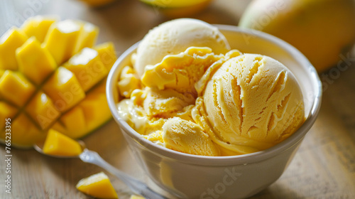 Delectable mango ice cream tub ready to savor. photo