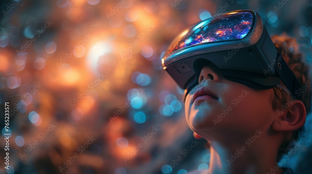 A young boy wearing a virtual reality headset is looking up at the sky. Concept of wonder and excitement as the boy explores the virtual world A young boy wearing a virtual reality headset is looking up at the sky. Concept of wonder and excitement as the boy explores the virtual world