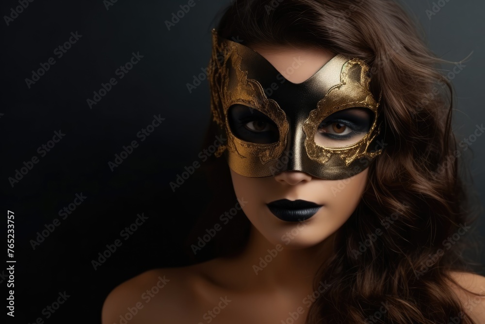 A captivating portrait of a woman adorned with an intricate golden Venetian mask, evoking mystery and elegance. Mysterious Woman Wearing a Golden Venetian Mask