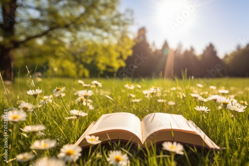 Open book in the grass on the field on sunny day in spring. Beautiful meadow with daisy and dandelion flowers at springtime. Reading and knowledge concept - generative ai