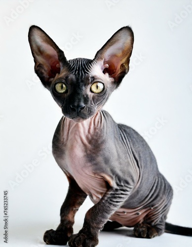 Cute adorable and ugly hairless Sphynx cat sitting and looking at camera. large big ears, wrinkly skin, curious eyes. Lovely domestic pet. isolated on white background © Chase D’Animulls