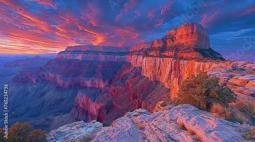 A sunset over the Grand Canyon with a mountain in the foreground