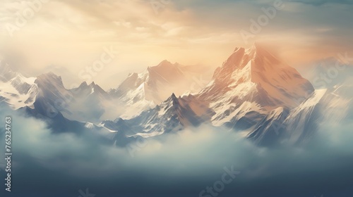 An awe-inspiring vista of snow-capped peaks, captured in a dreamy blurred background.