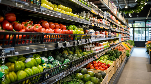Supermarket showcases abundance of products on shelves.