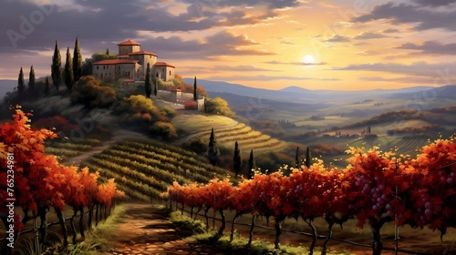An awe-inspiring vista of Tuscany's vineyard, where endless rows of grapevines stretch across rolling hills under the golden glow of the setting sun, painting a picturesque scene of rustic beauty