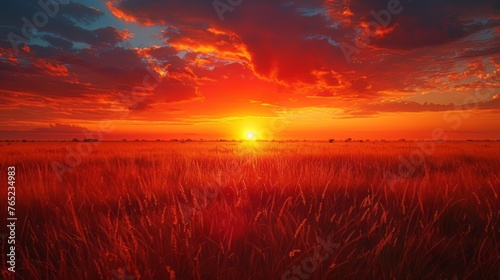 Orange afterglow paints the sky as the sun sets over a field of tall grass © yuchen