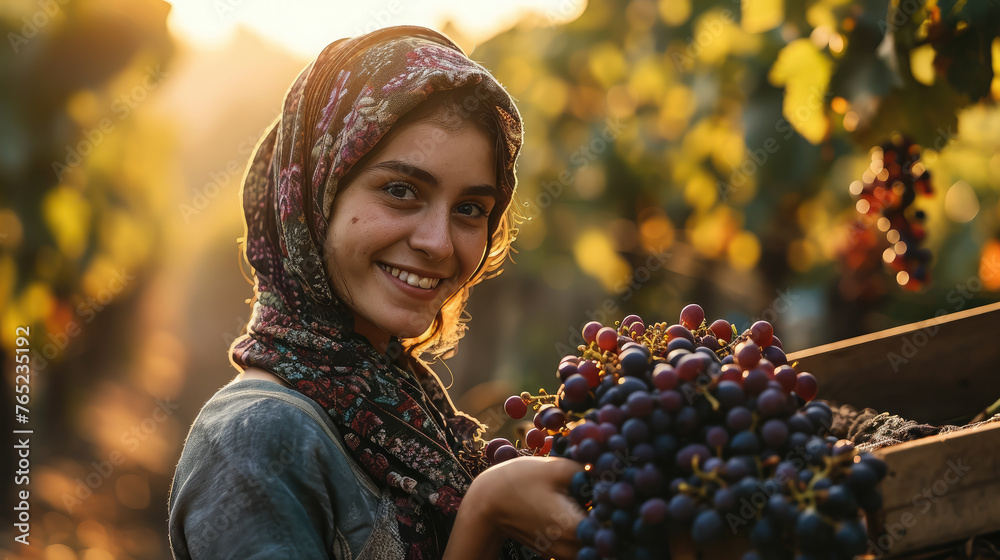 smiling Italian young woman in a headscarf holds a bunch of grapes in her hand, viticulture, wine, harvest, summer, garden, girl, portrait, winemaking, greens, emotional face smiling Italian young woman in a headscarf holds a bunch of grapes in her hand, viticulture, wine, harvest, summer, garden, girl, portrait, winemaking, greens, emotional face
