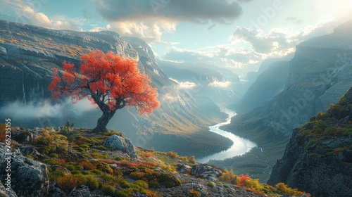 A tree with red leaves stands on a mountain near a river, under a cloudy sky © yuchen