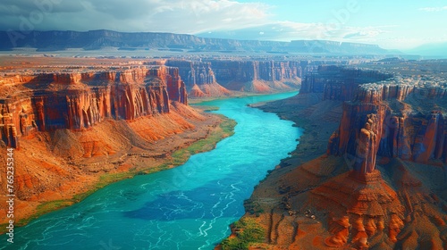 A river winding through a canyon, a natural landscape painting in the sky