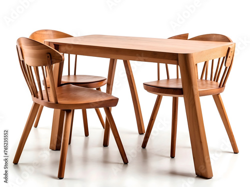 A wooden dining table set is pictured  isolated on a white background. The set includes a table and chairs.