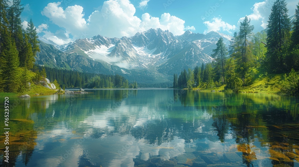 Lake surrounded by trees, with mountains and clouds in the background