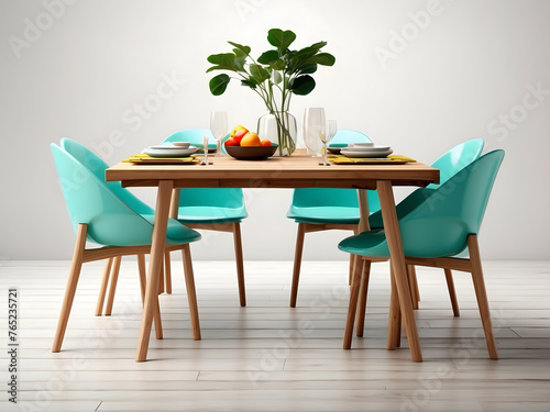 A wooden dining table set is pictured  isolated on a white background. The set includes a table and chairs.