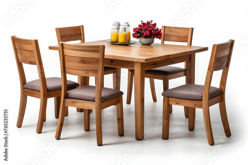 A wooden dining table set is pictured  isolated on a white background. The set includes a table and chairs.