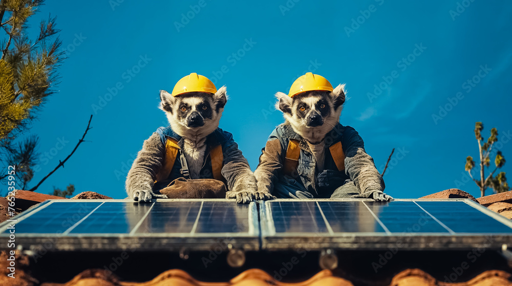 Fototapeta premium two lemurs on a roof installing solar panels on a house