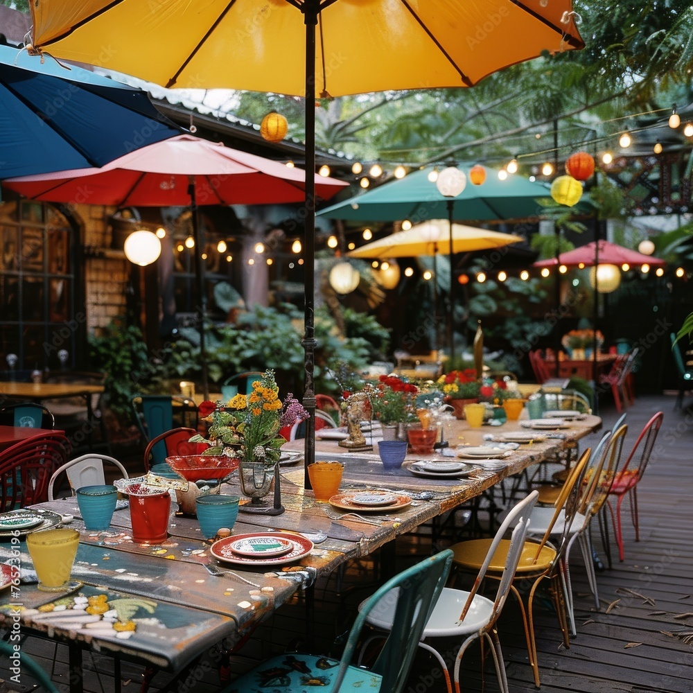 An eclectic outdoor restaurant setting with multicolored umbrellas and lights, creating a festive and social dining atmosphere, ideal for cultural and event themes