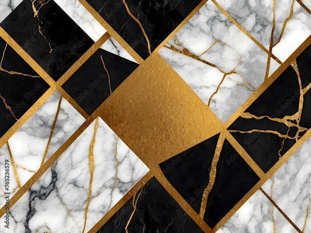 Fototapeta premium Abstract black-white golden grunge marble geometric background design.