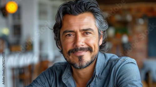 Happy confident Latin mid aged man portrait. Smiling mature 45 years male  standing in looking at camera.
