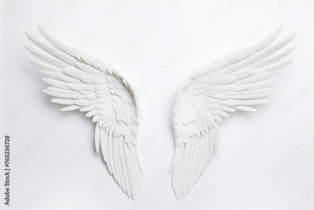 Obraz premium Ethereal white angel wings fully spread on a white background, invoking a sense of peace and purity. White Angel Wings Spread on White Background