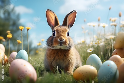 Easter bunny with colorful eggs on meadow. 3d rendering © Creative