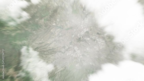 Earth zoom in from space to Naucalpan de Juarez, Mexico. Followed by zoom out through clouds and atmosphere into space. Satellite view. Travel intro. Images from NASA photo