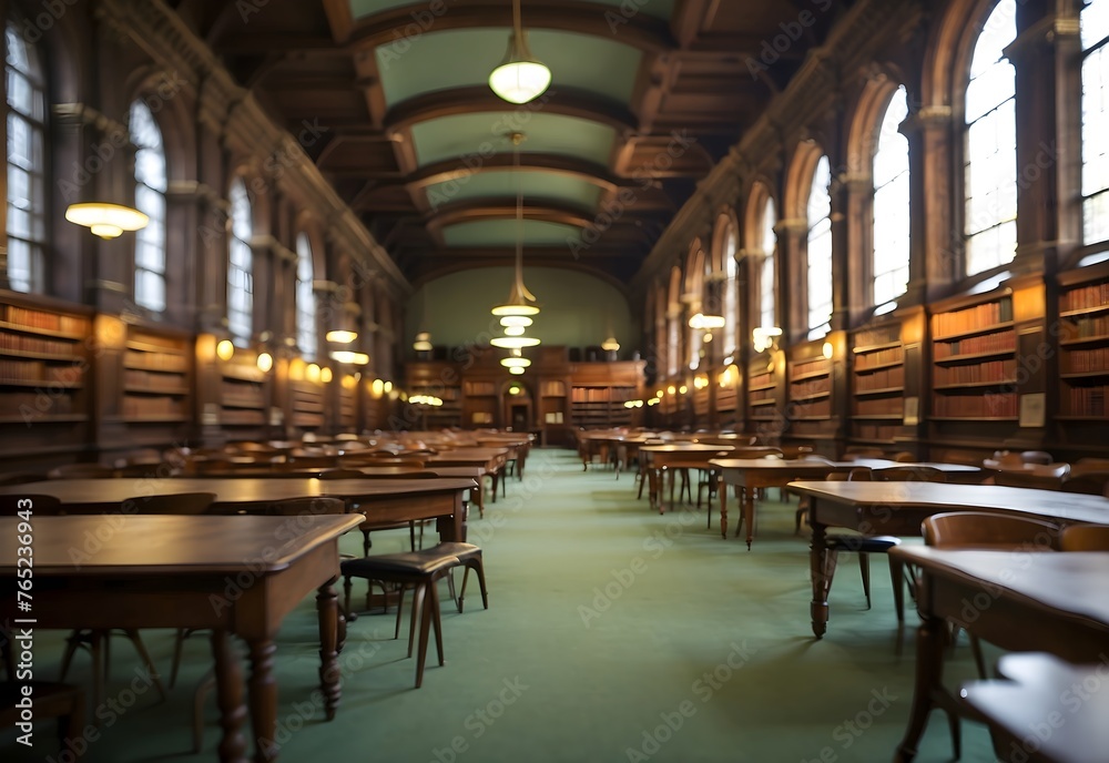 Blurred image of a historic library reading room, generative AI