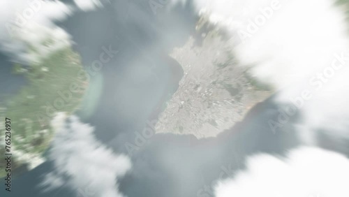 Earth zoom in from space to Salvador, Brazil. Followed by zoom out through clouds and atmosphere into space. Satellite view. Travel intro. Images from NASA