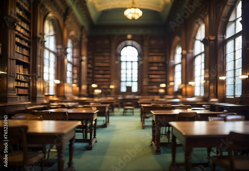 Blurred image of a historic library reading room, generative AI © Zohaib